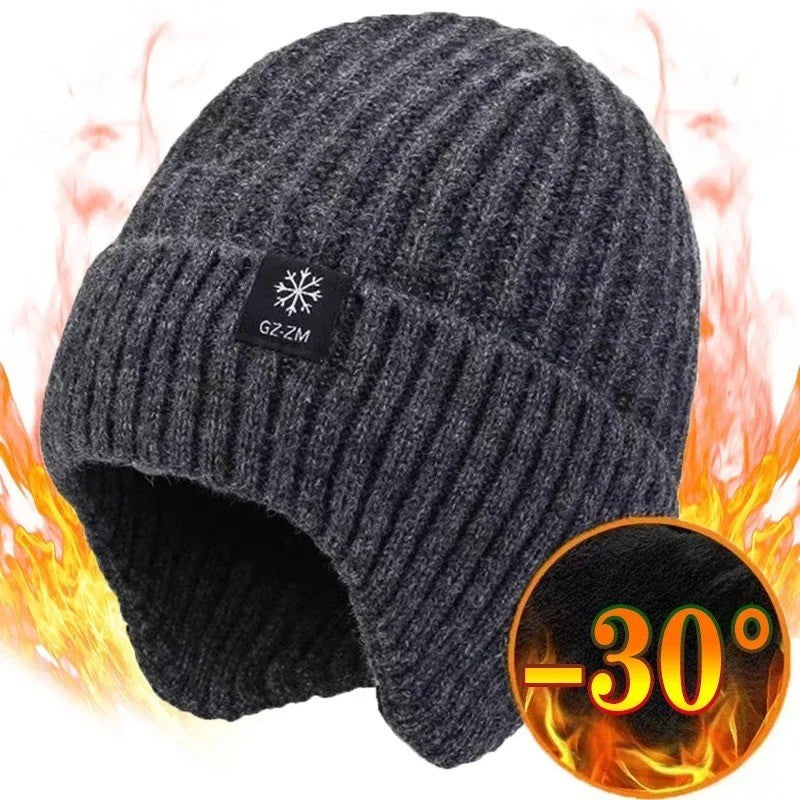 Men's Winter Knitted Beanie Hat with Faux Fur Lining Windproof Cap