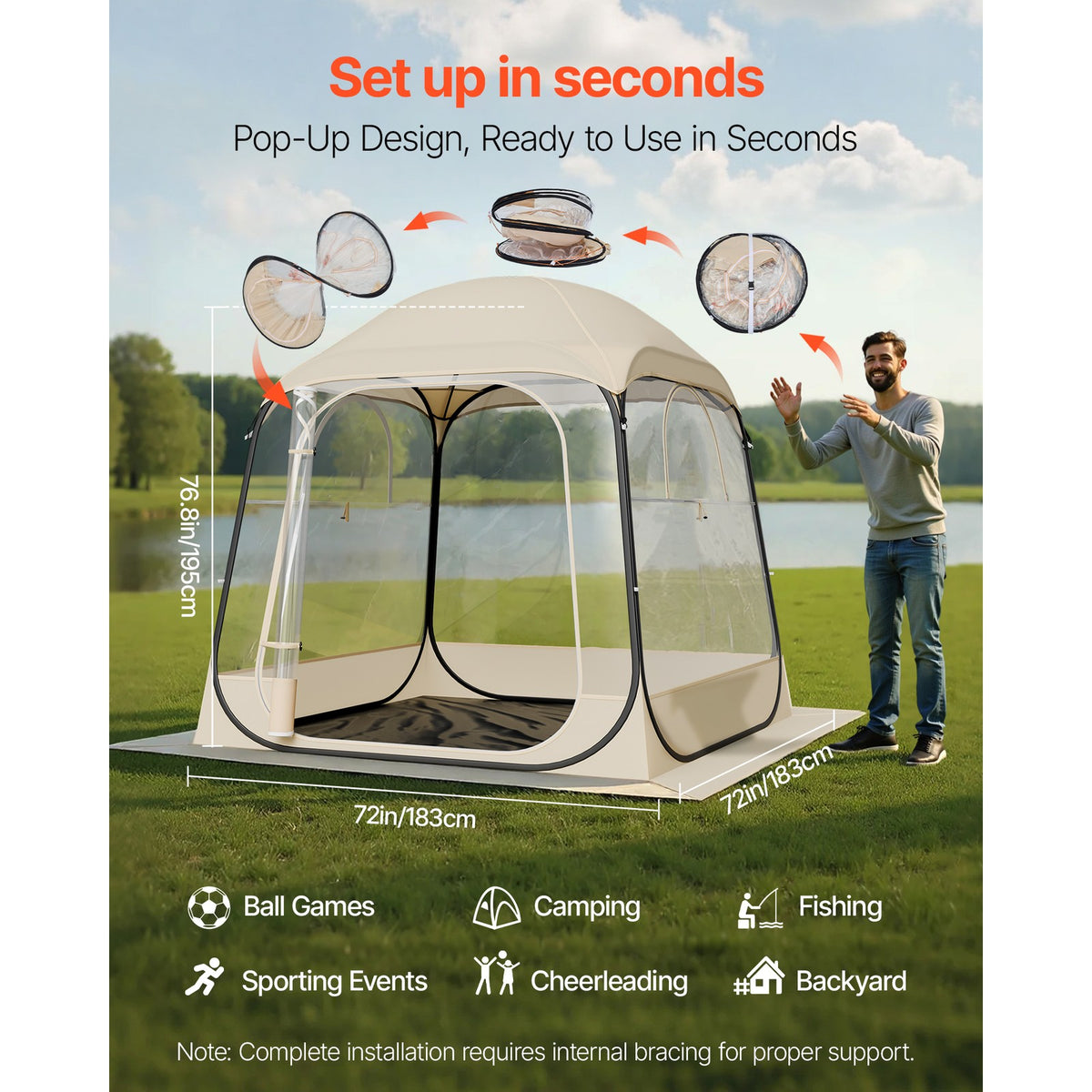 72x72 Inch Clear Bubble Pop-Up Sports Tent - Weatherproof Instant Shelter