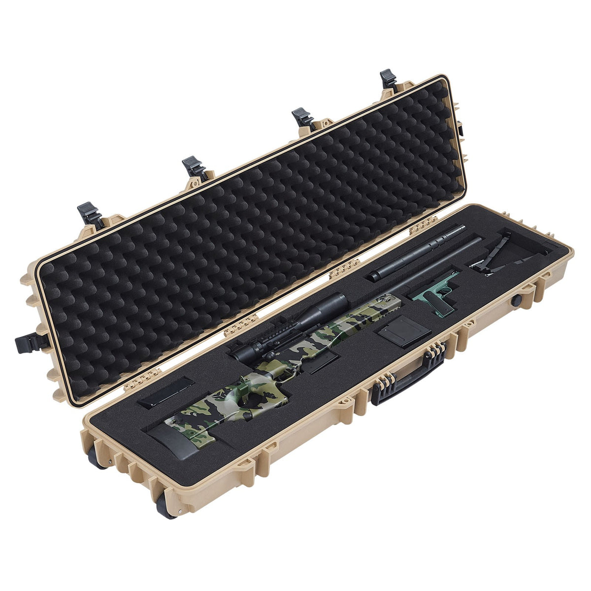 Hard Rifle Case Waterproof Dustproof with Wheels & Locking Points - Khaki