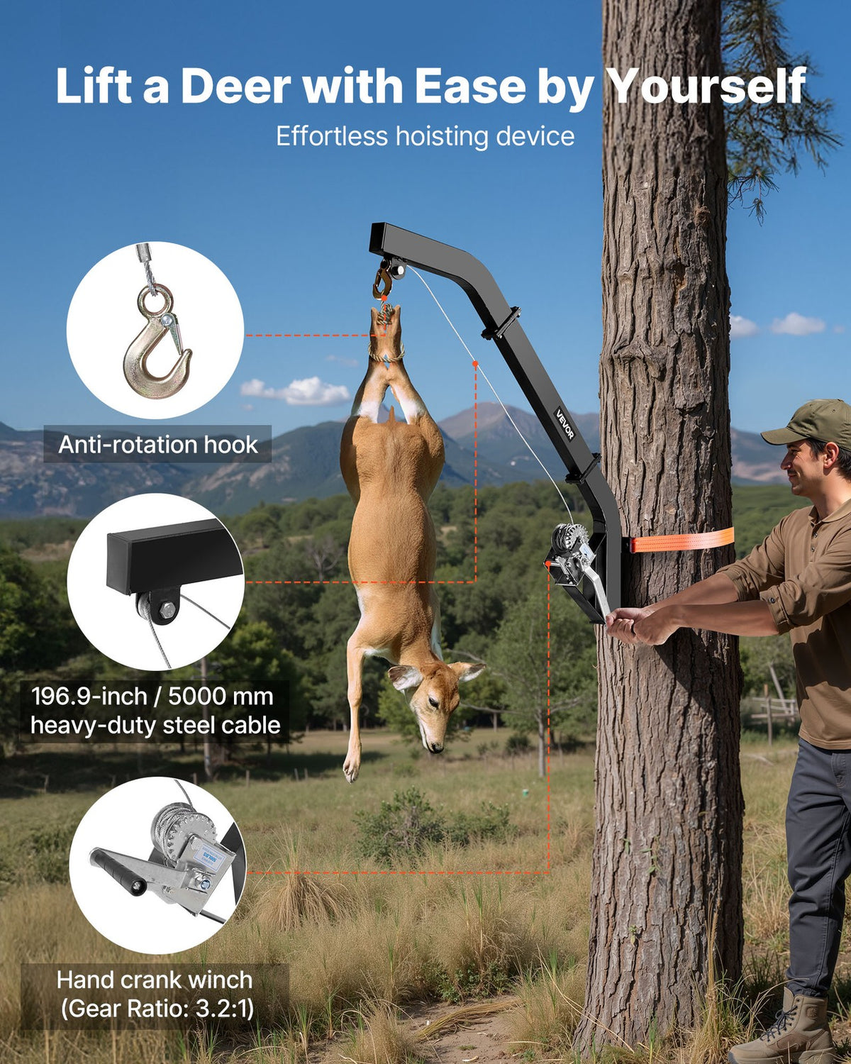 Tree Mounted Deer Hoist with Winch & Gambrel - Heavy Duty Game Lift