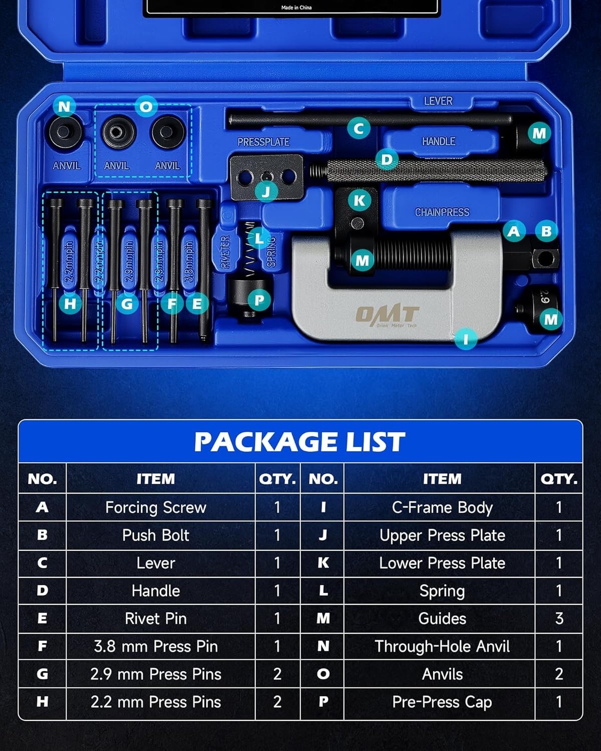 Motorcycle Chain Rivet Tool Kit 19-Piece with Powder Coated C-Frame for Chain Maintenance