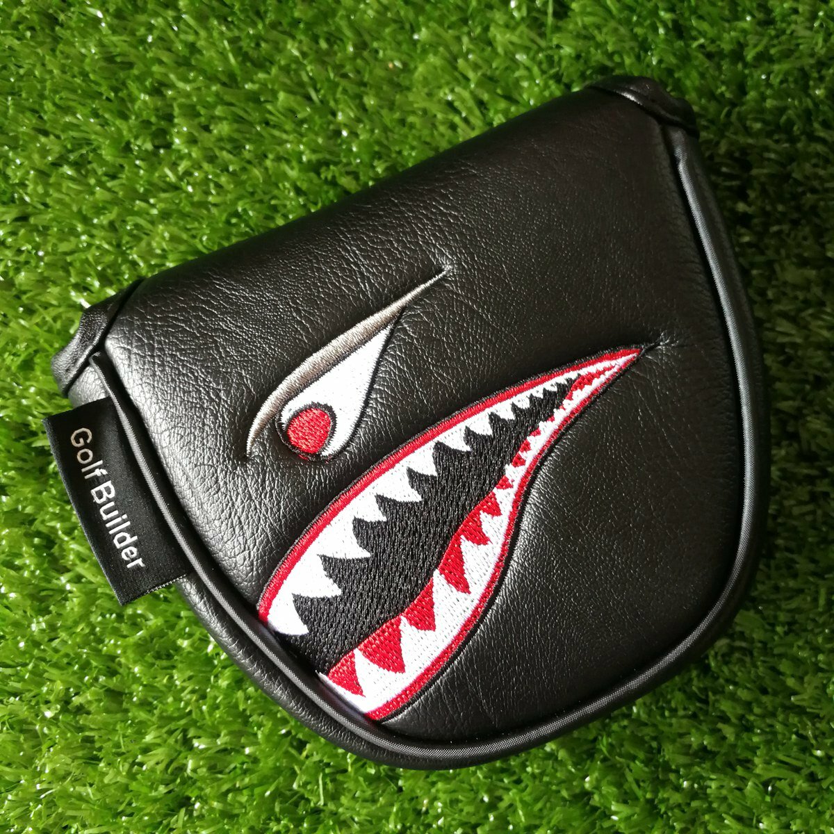 Black Leather Shark Embroidery Golf Mallet Putter Head Cover Magnetic Closure