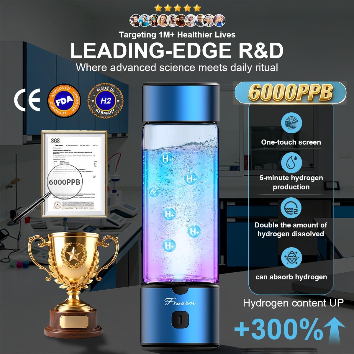Hydrogen Water Bottle Generator - Portable 6000 PPB Hydrogen Machine, 460mL
