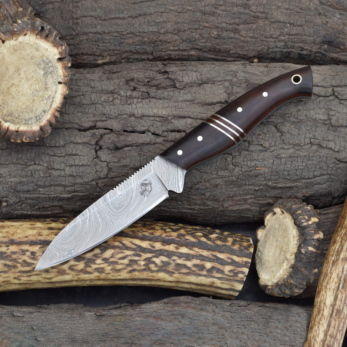 Outdoor Hunting Knife with Damascus Steel Blade & Rosewood Handle - 8.5 Inch