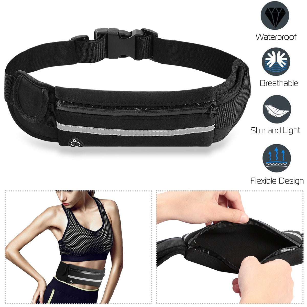 Waterproof Running Waist Bag with Adjustable Zip Belt for Sports & Jogging