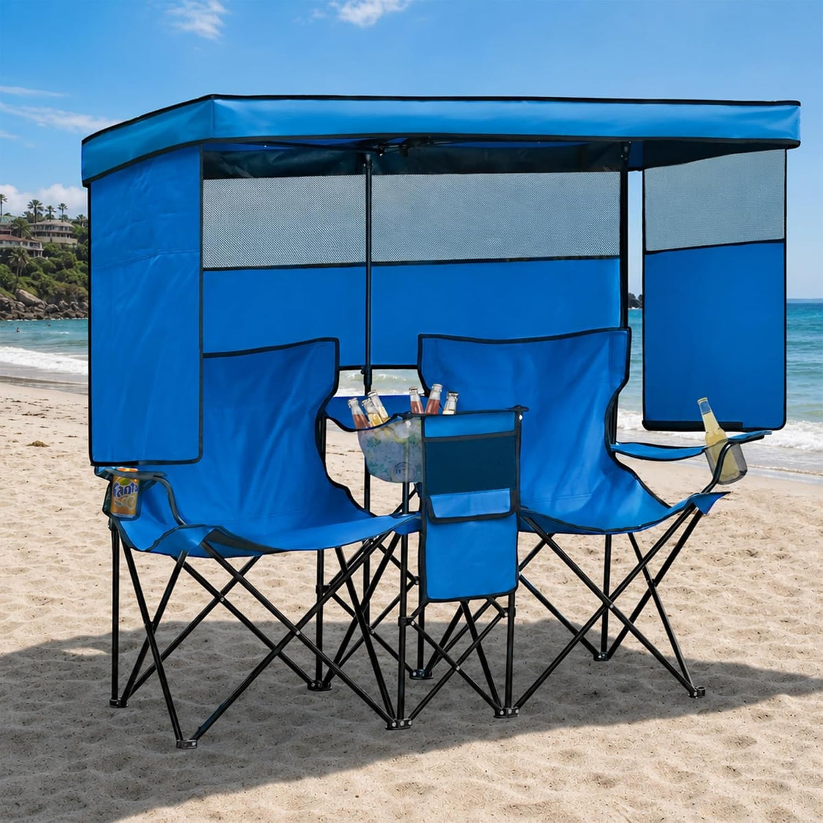 Double Beach Chair with Canopy Shade and Cooler Bag