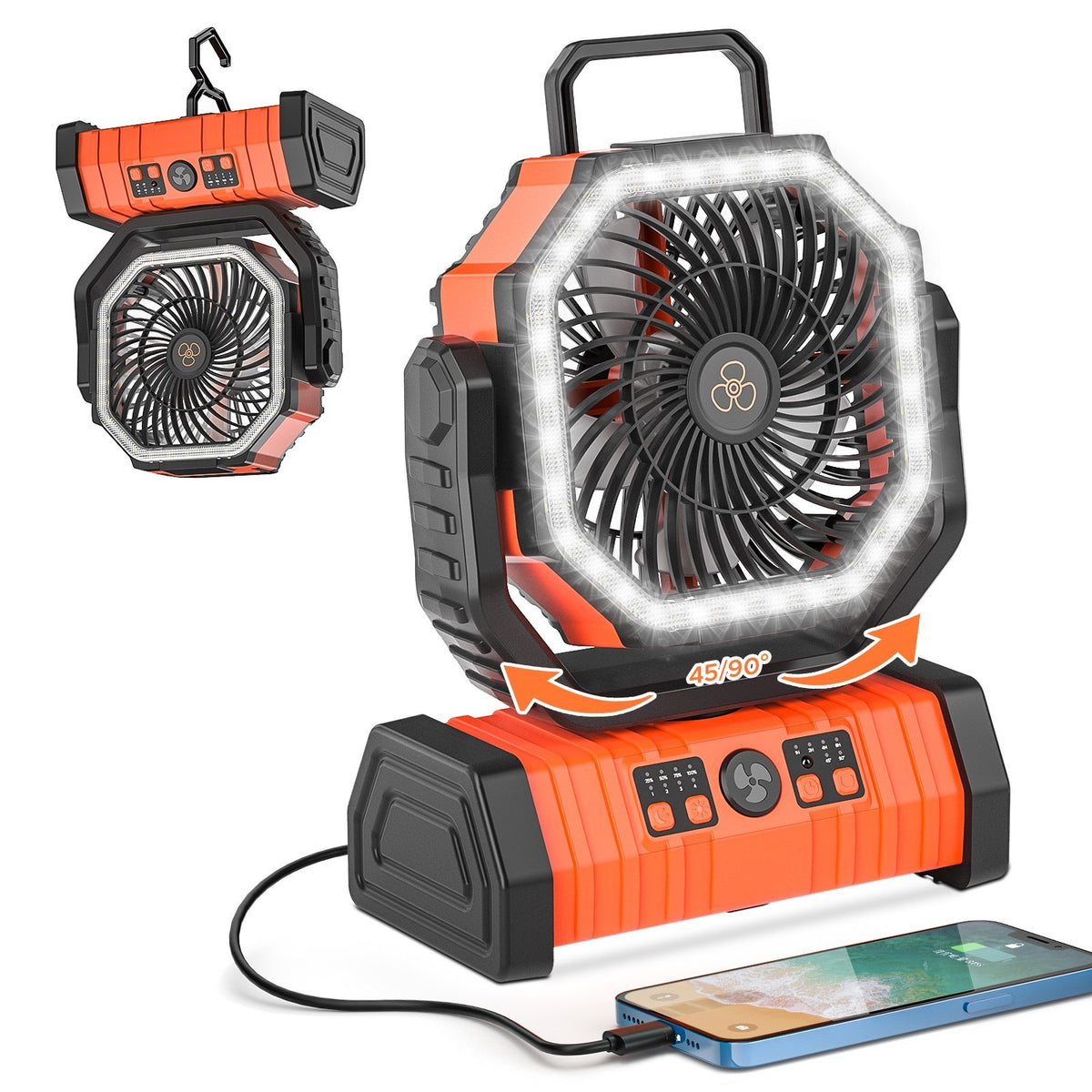 Portable Camping Fan with LED Light, 4 Speeds, 72H Battery, Oscillation