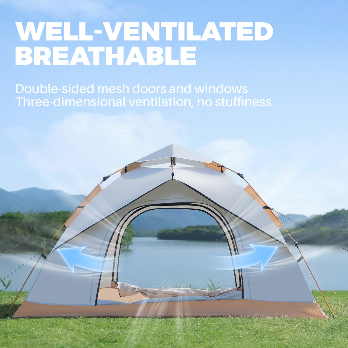 Pop-Up 3-4 Person Camping Tent Beige Waterproof Sun Shelter with Doors & Windows