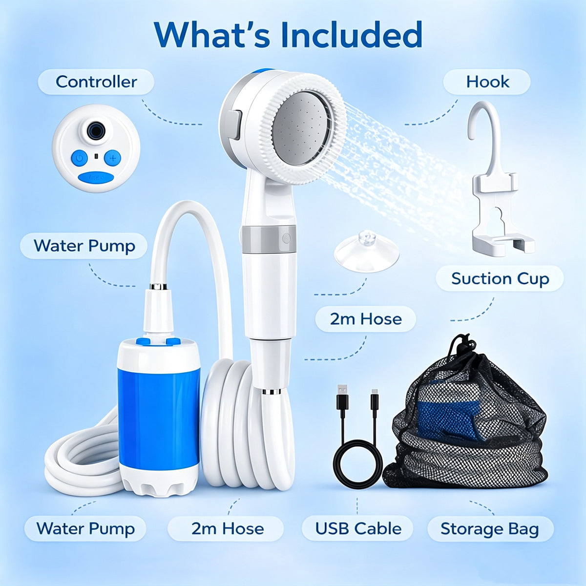Portable Camping Shower Pump 6500mAh Lightweight Water Pump for Outdoor Use