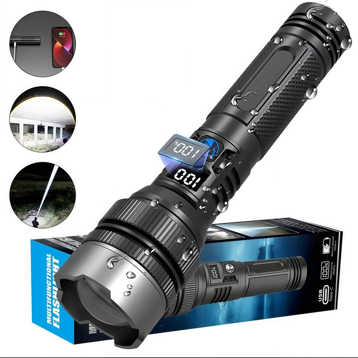 Super Bright LED Tactical Flashlight with Rechargeable Battery & Zoom