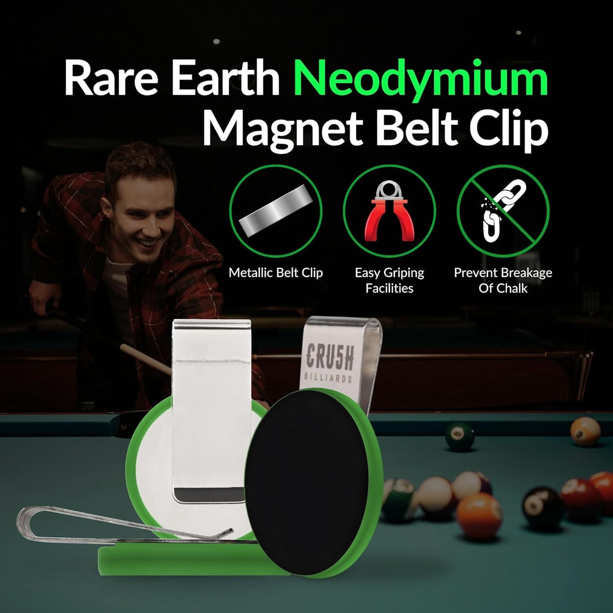 Ultra-Grip Magnetic Chalk Holder Clip Belt Clip for Billiards – 3-in-1, Neodymium Magnet