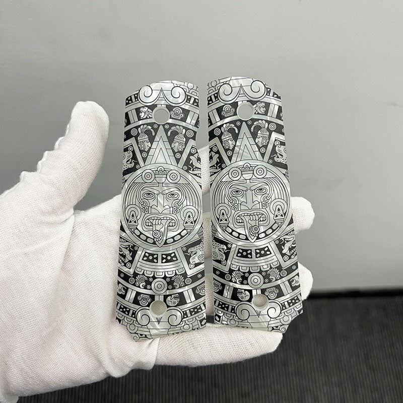 1911 Full Size Gun Grips with Pearl Engraved Aztec Pattern | Custom Fit