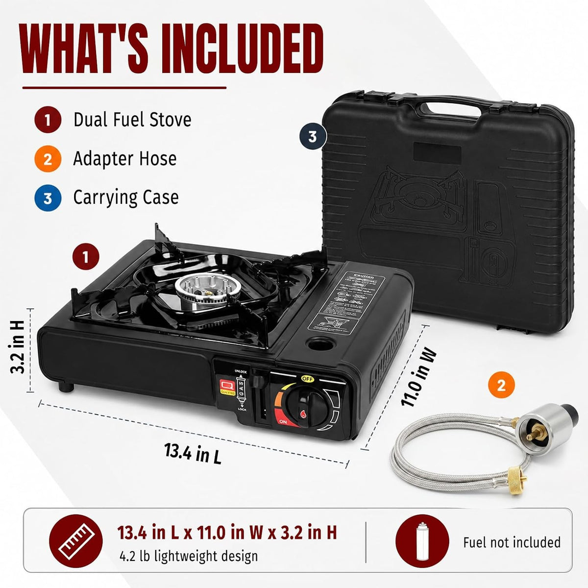 Portable Camping Stove Dual Fuel 7800 BTU with Carrying Case & Regulator Hose