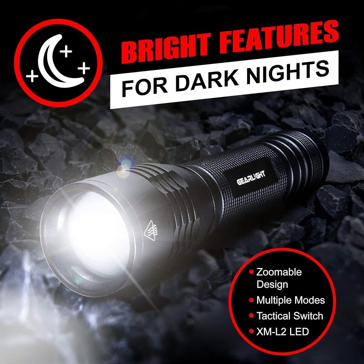 High Lumens LED Flashlight - Super Bright Tactical Torch, Waterproof & Zoomable