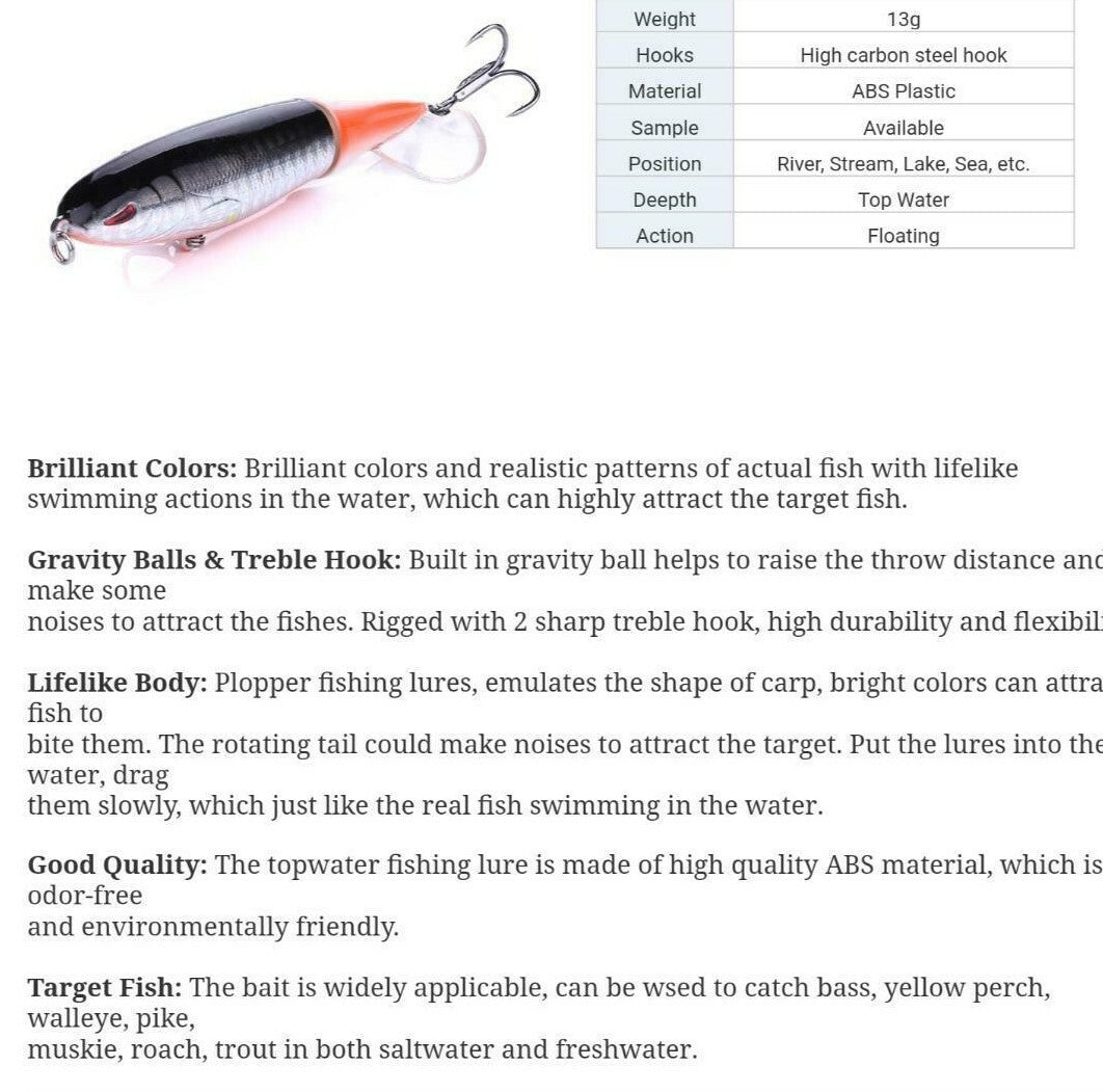 Top Water Fish Lure - Strike Maxx Whopper Plopper 100 - Multiple Colors