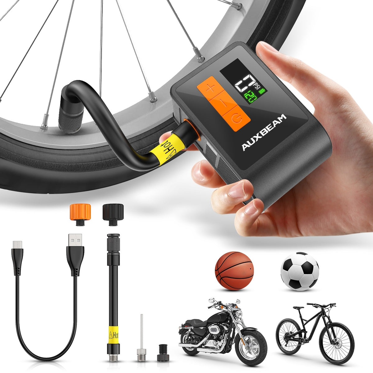Electric Bike Pump Portable Air Compressor 120 PSI Brushless Motor Rechargeable
