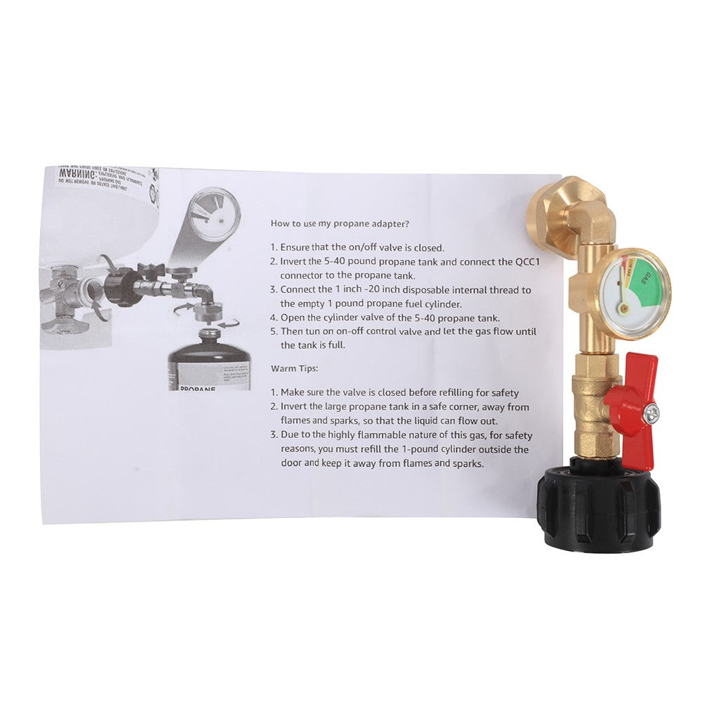 Propane Refill Adapter with Gauge and Control Valve for 1lb and 20lb Tanks