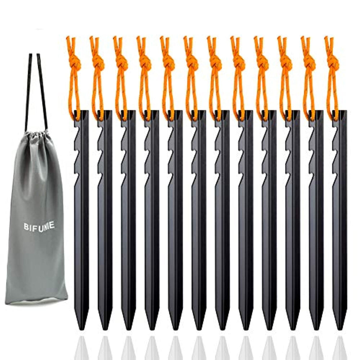 Heavy Duty Aluminum Tent Stakes Pegs with Reflective Ropes - 12 Pack