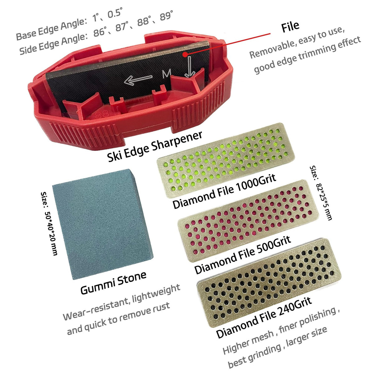 Ski Edge Bevel Tuning Kit with Sharpener, Diamonds, Gummi Stone
