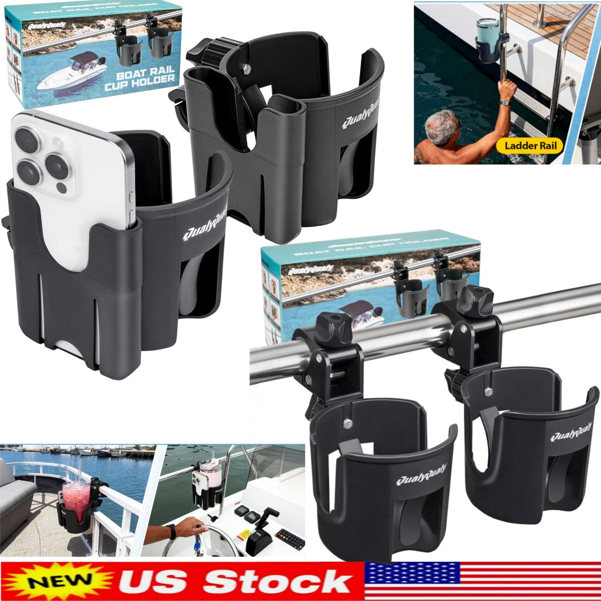 Marine Boat Rail Cup Holders 2 Pack Clamp-On 360° Adjustable Drink Holders