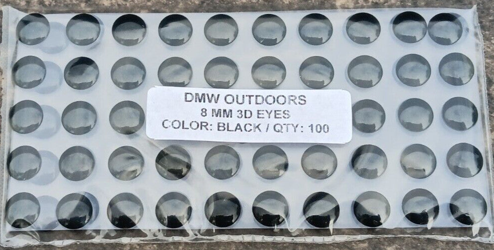 8mm Black 3D Fish Eyes for Fly Tying, Lures & Jigs - 100 Pack