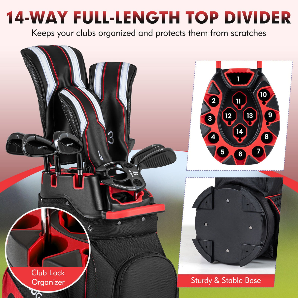 Golf Cart Bag with 14-Way Full Length Dividers and Multiple Pockets