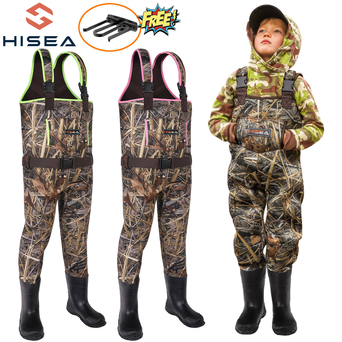 Kids Neoprene Waders with Boot Foot - Waterproof Hunting & Fishing Chest Waders for Toddlers