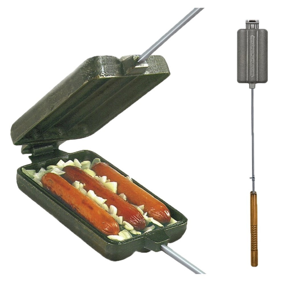 Cast Iron Hot Dog and Brat Cooker with Long Handle for Campfire Cooking