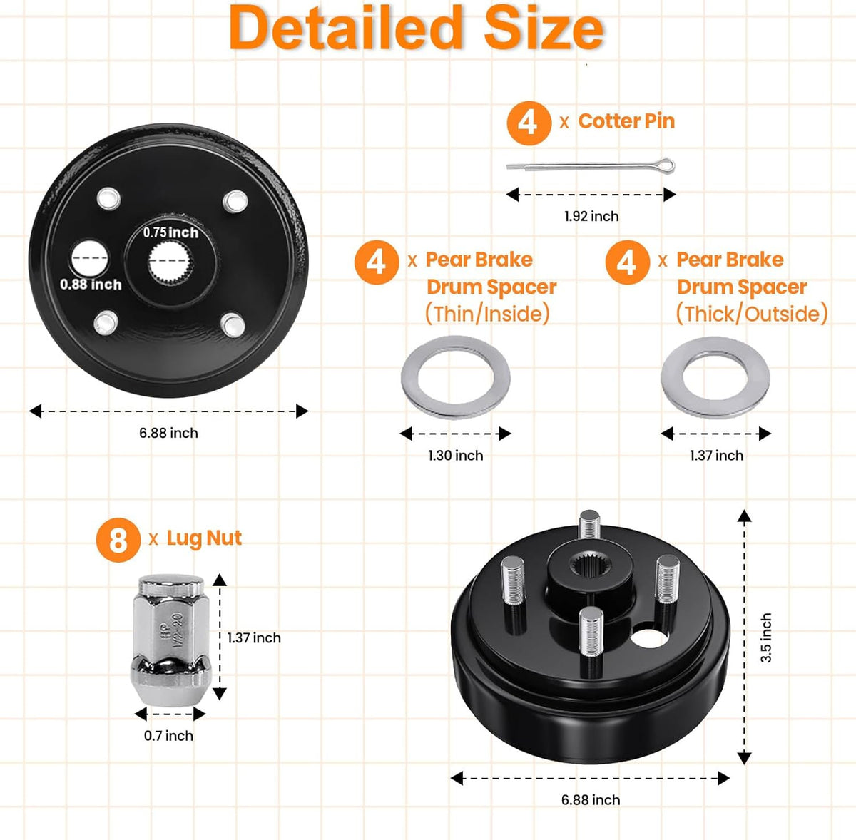 Golf Cart Brake Drum Hub Assembly for EZGO TXT 2 Pcs - Steel, 3/4 Inch
