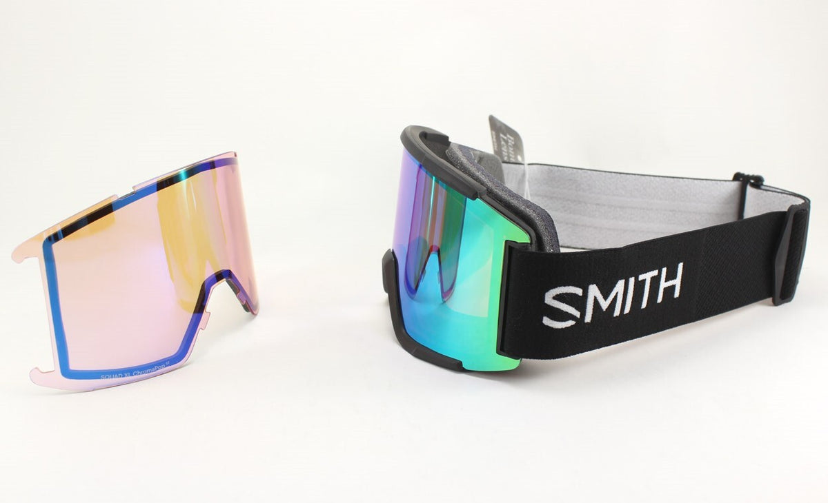Snow Goggles with Green Mirror Lens & Bonus Lens - Black Frame, Large Fit