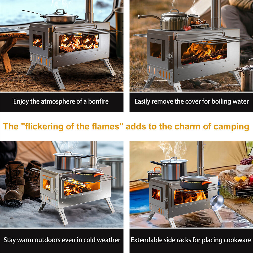 Stainless Steel Camping Tent Stove with Detachable Chimney and Cooking Function