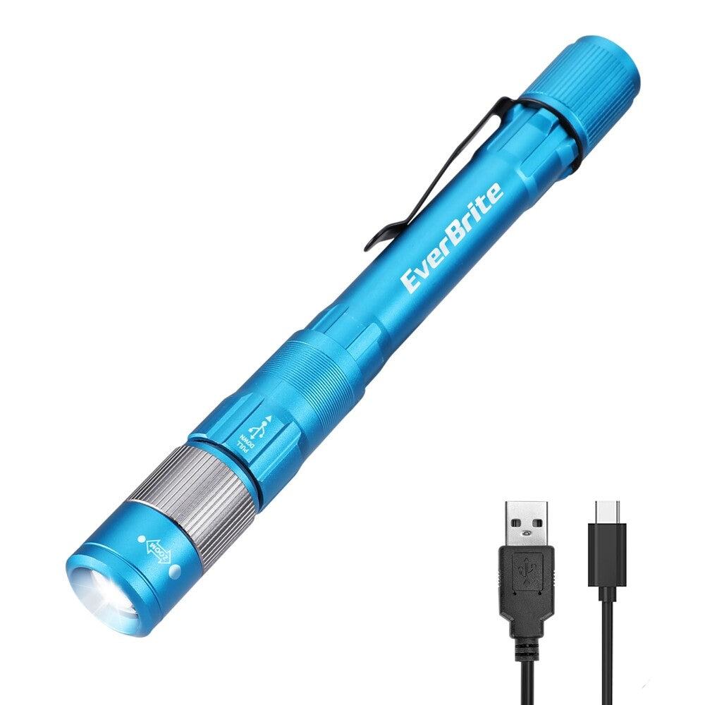 Rechargeable LED Pen Light 300LM with Zoom & USB-C Cable - Portable Flashlight
