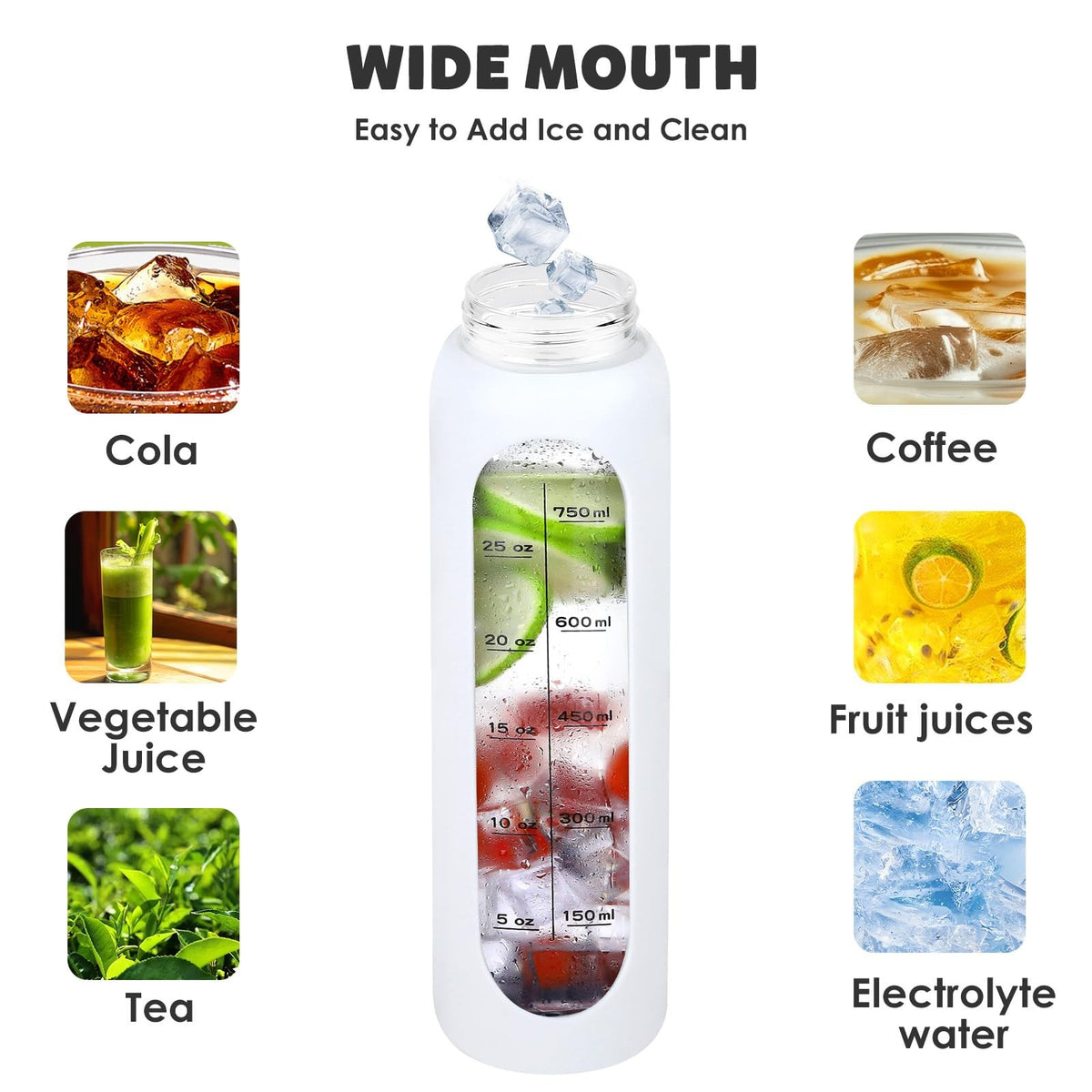 32oz Glass Water Bottle with Silicone Sleeve & Time Marker
