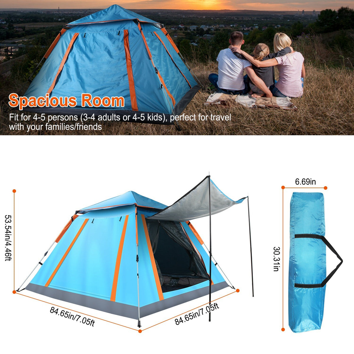 4-5 Person Waterproof Camping Tent with Mosquito Nets & Windows for Hiking