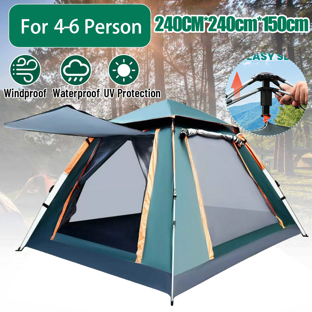 Water-Resistant Family Pop-Up Camping Tent for 3-5 People