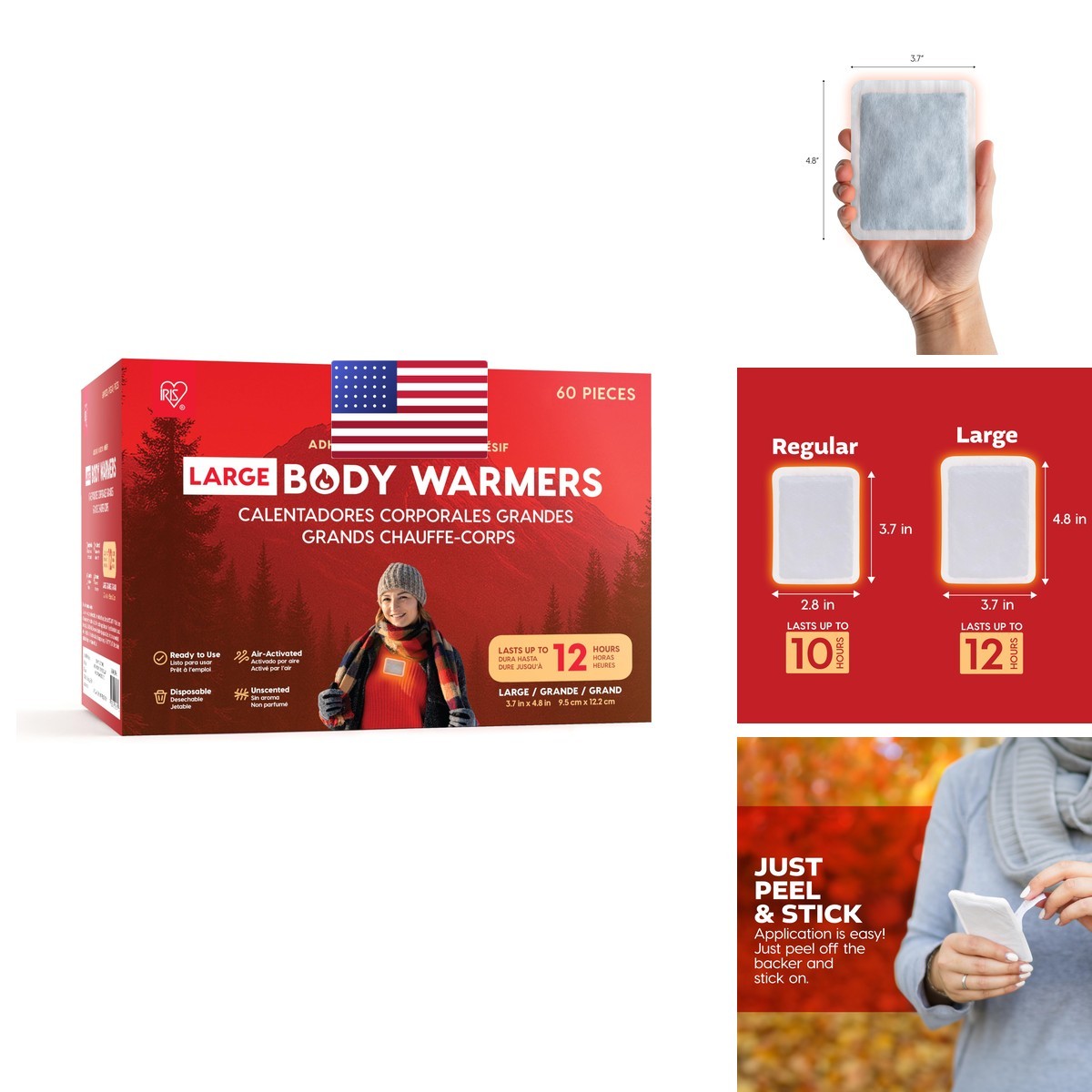 Large Adhesive Hand Warmers - Up to 12 Hours of Heat, 60 Count