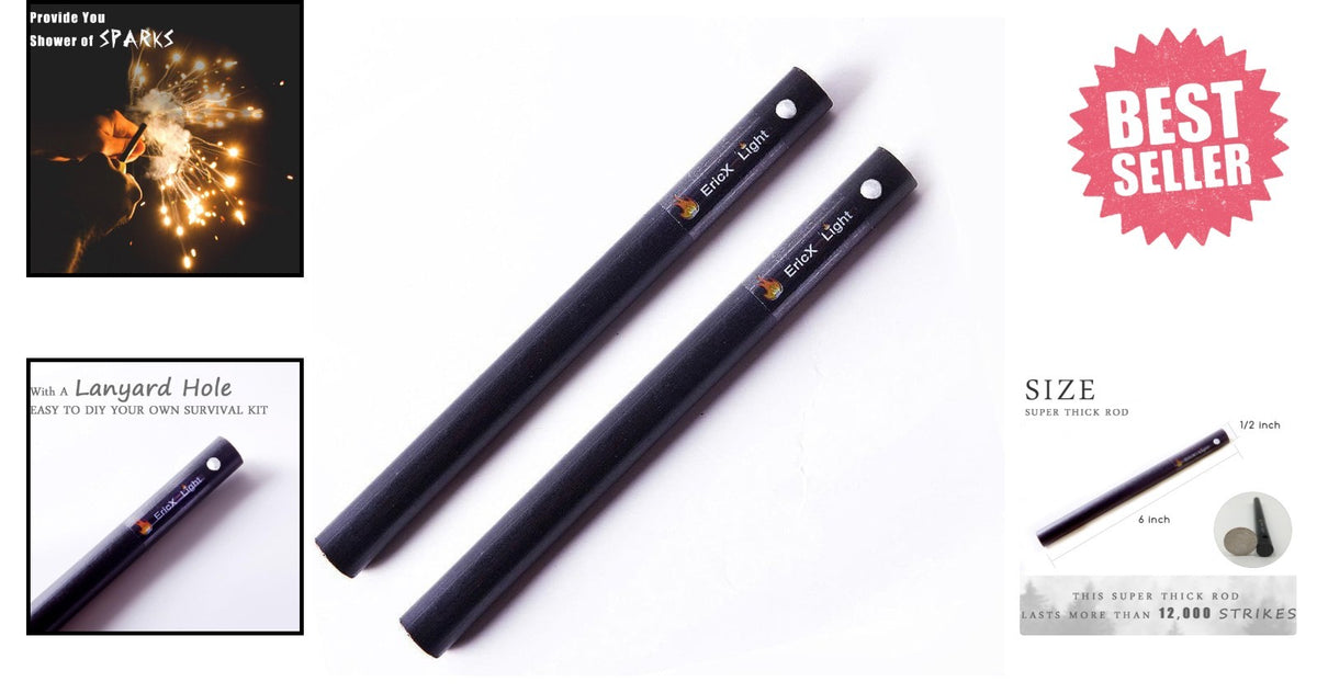 Fire Starter Ferrocerium Rods 1/2 Inch x 6 Inch, Waterproof Survival Tool - Pack of 2
