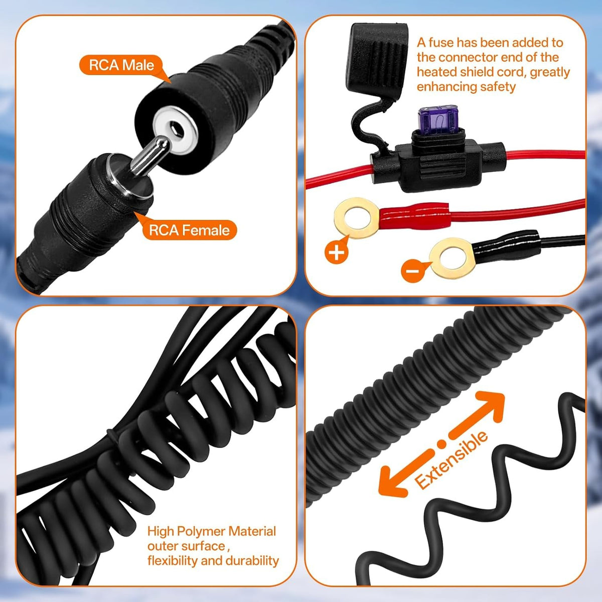 Heated Helmet Shield Cord with RCA Plug for Snowmobile & Motorcycle Visors