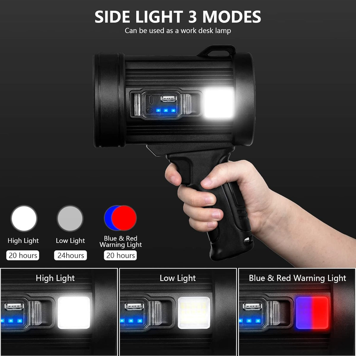 High Lumen Rechargeable Handheld Hunting Spotlight with Multi-Color LED Modes