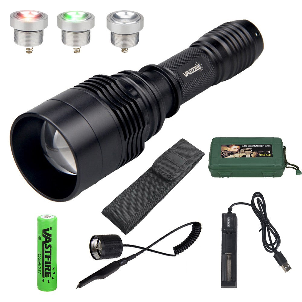 LED Flashlight with Zoom, Red/White Light, 800 Yards Hunting Torch