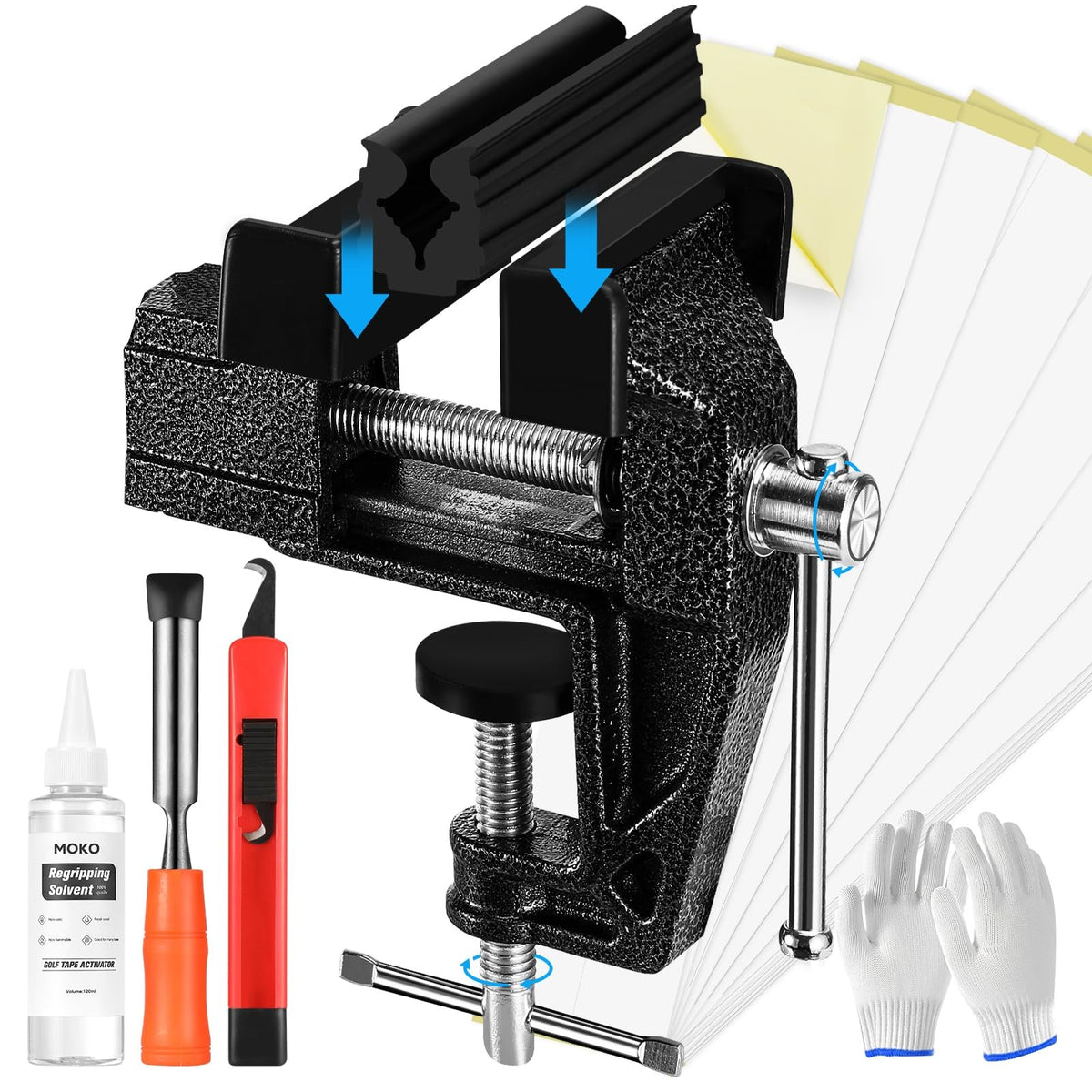 Golf Club Regripping Kit with Vise, Tape, Solvent & Tools - Black