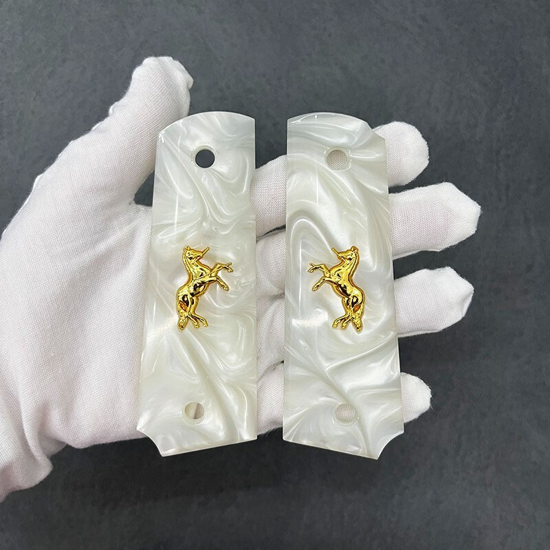 1911 Full Size Gun Grips White Pearl with Gold Horse & Screws - Fits Colt Springfield