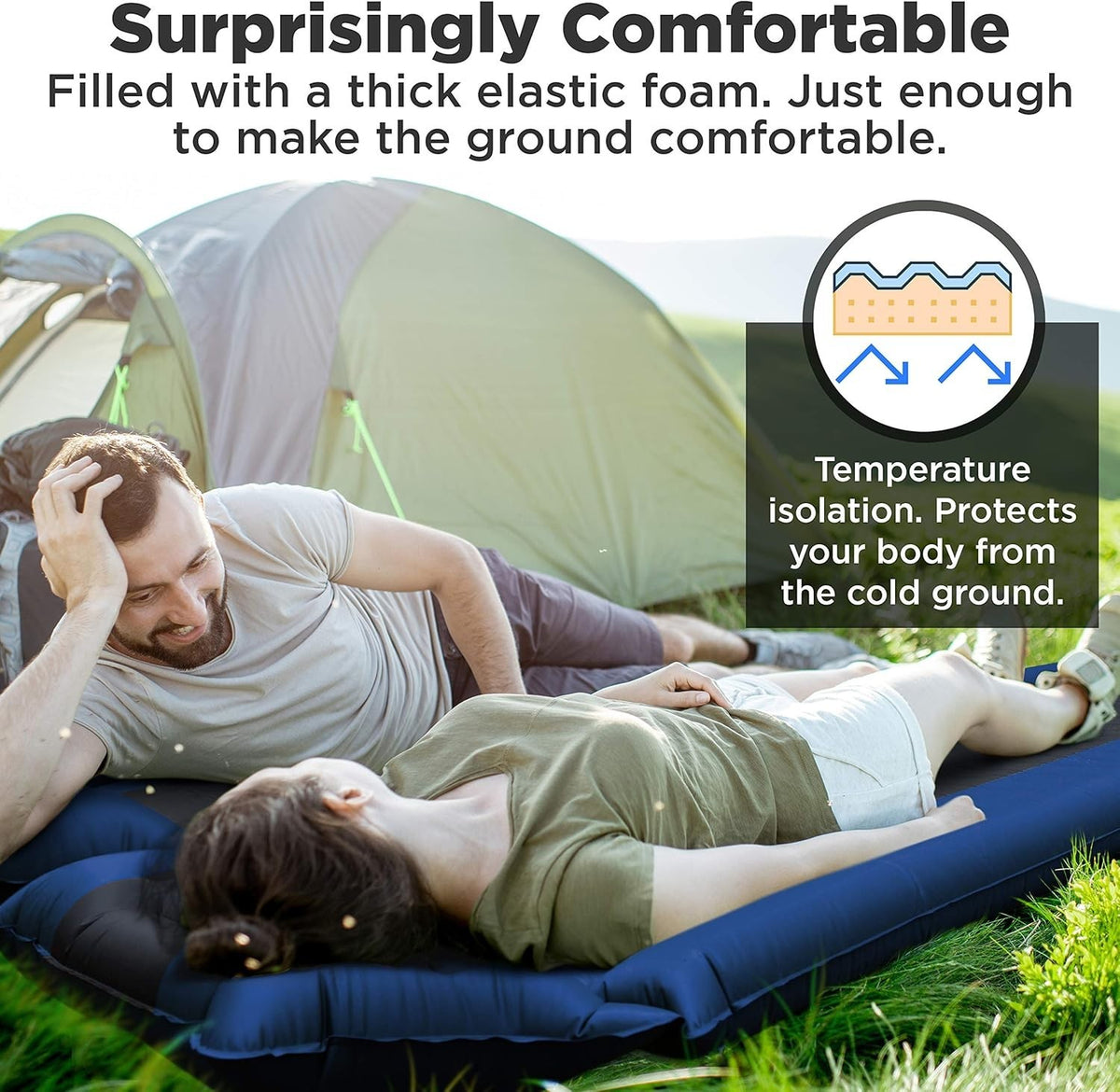 Self-Inflating Camping Sleeping Pad with Pillow & Armrest - Extra Thick 2 Inch
