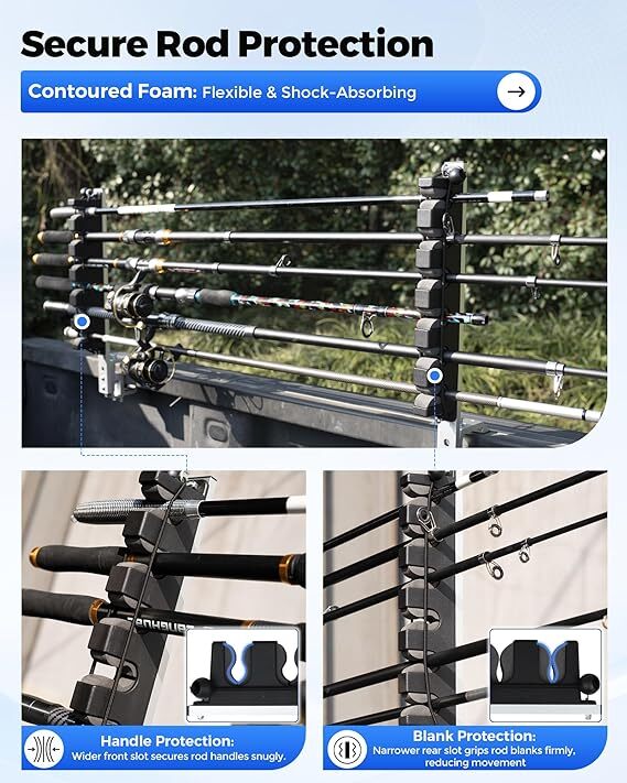 Heavy-Duty Aluminum 6-Rod Truck Bed Fishing Rod Rack Mount Vertical & Horizontal