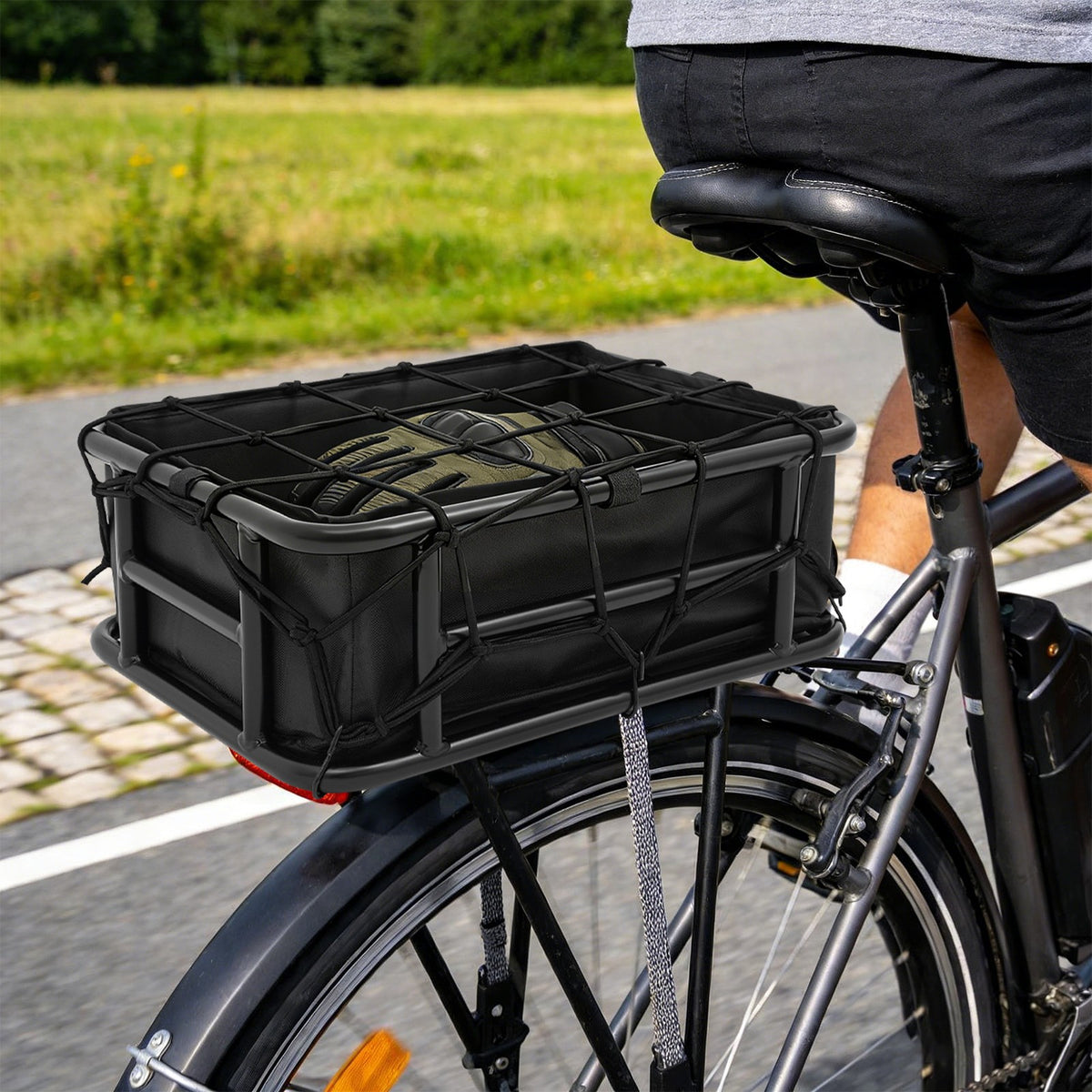 Rear Bicycle Basket with Luggage Net & Inner Liner - Black, 15L Capacity