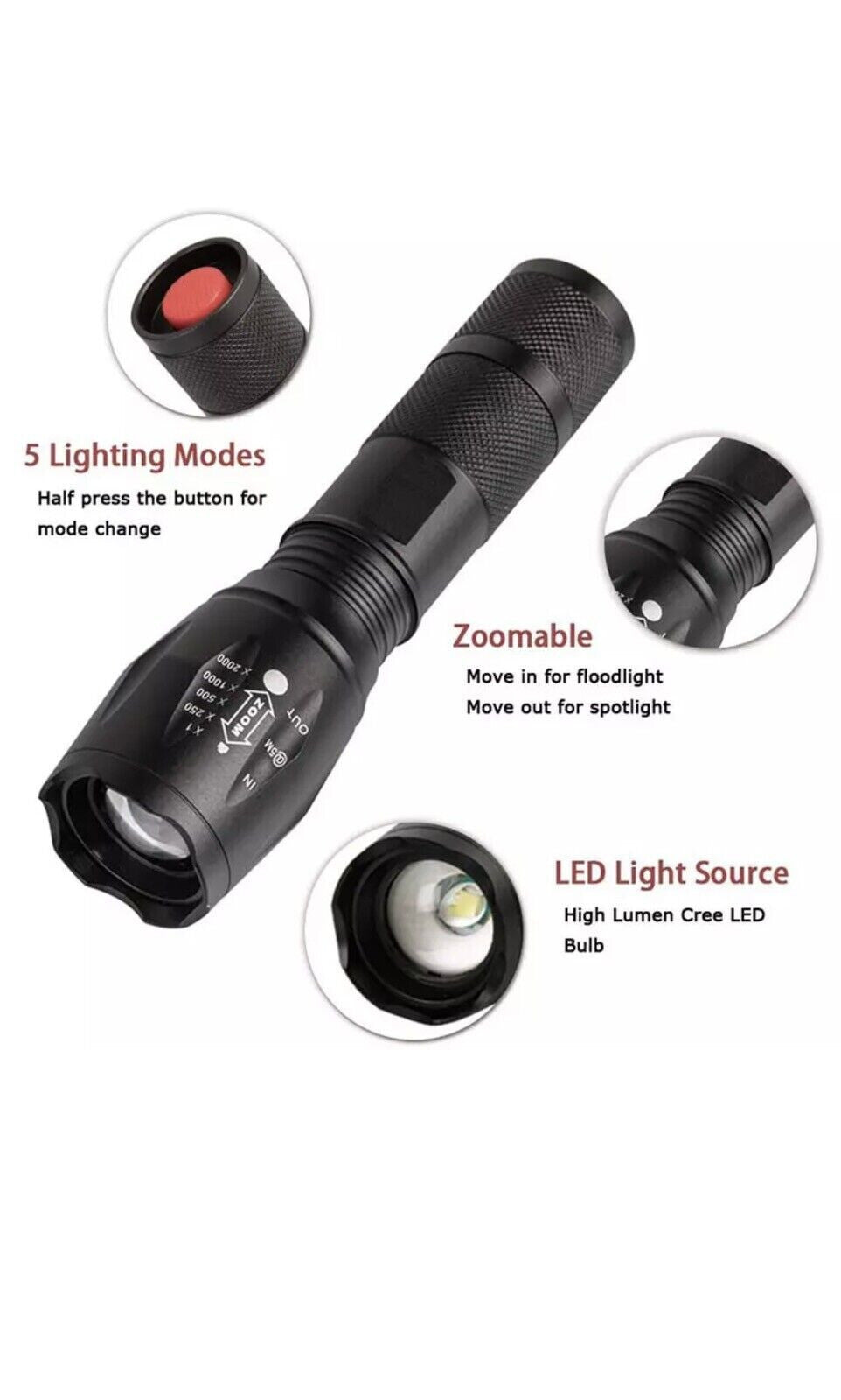 Super Bright Tactical LED Flashlight with Zoom and Safety Modes