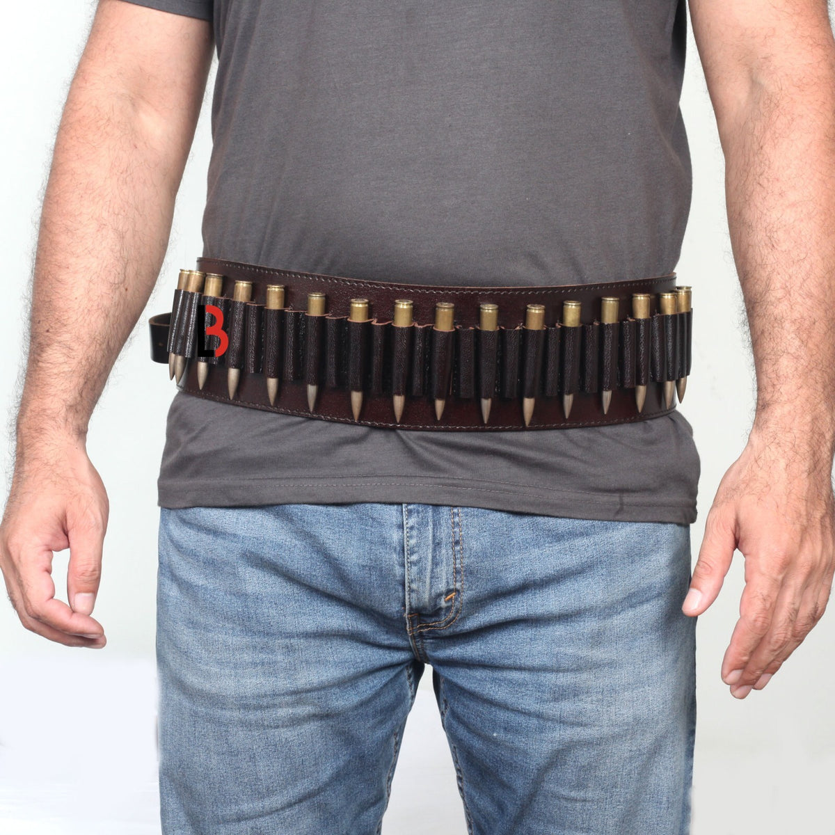 Cowhide Leather Rifle Cartridge Belt for Hunting & Shooting - Adjustable Bandolier, Up to 44 Shells
