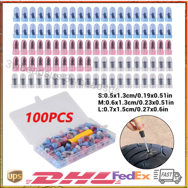 100Pcs Tire Repair Kit with Rubber Nails and Screwdriver for Cars Bikes Trucks