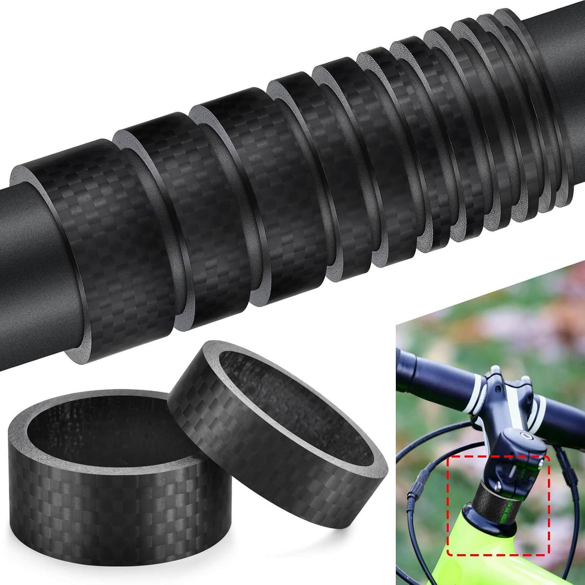 Bike Carbon Fiber Headset Spacers Set - 6 Sizes for 1-1/8 Inch Stems, Matte Black