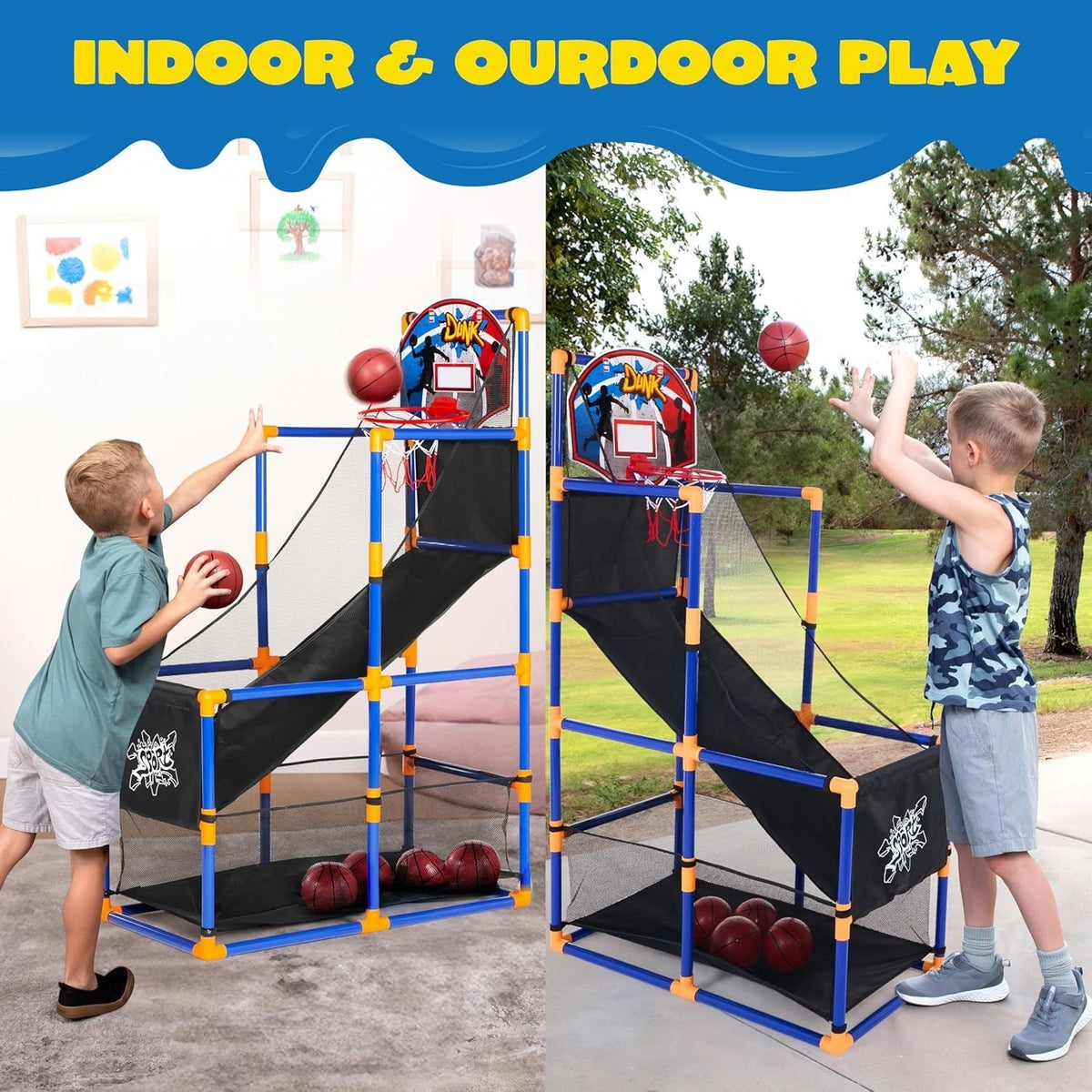 Basketball Arcade Game with 4 Balls and Rim – Adjustable Indoor/Outdoor Play for Ages 3-12